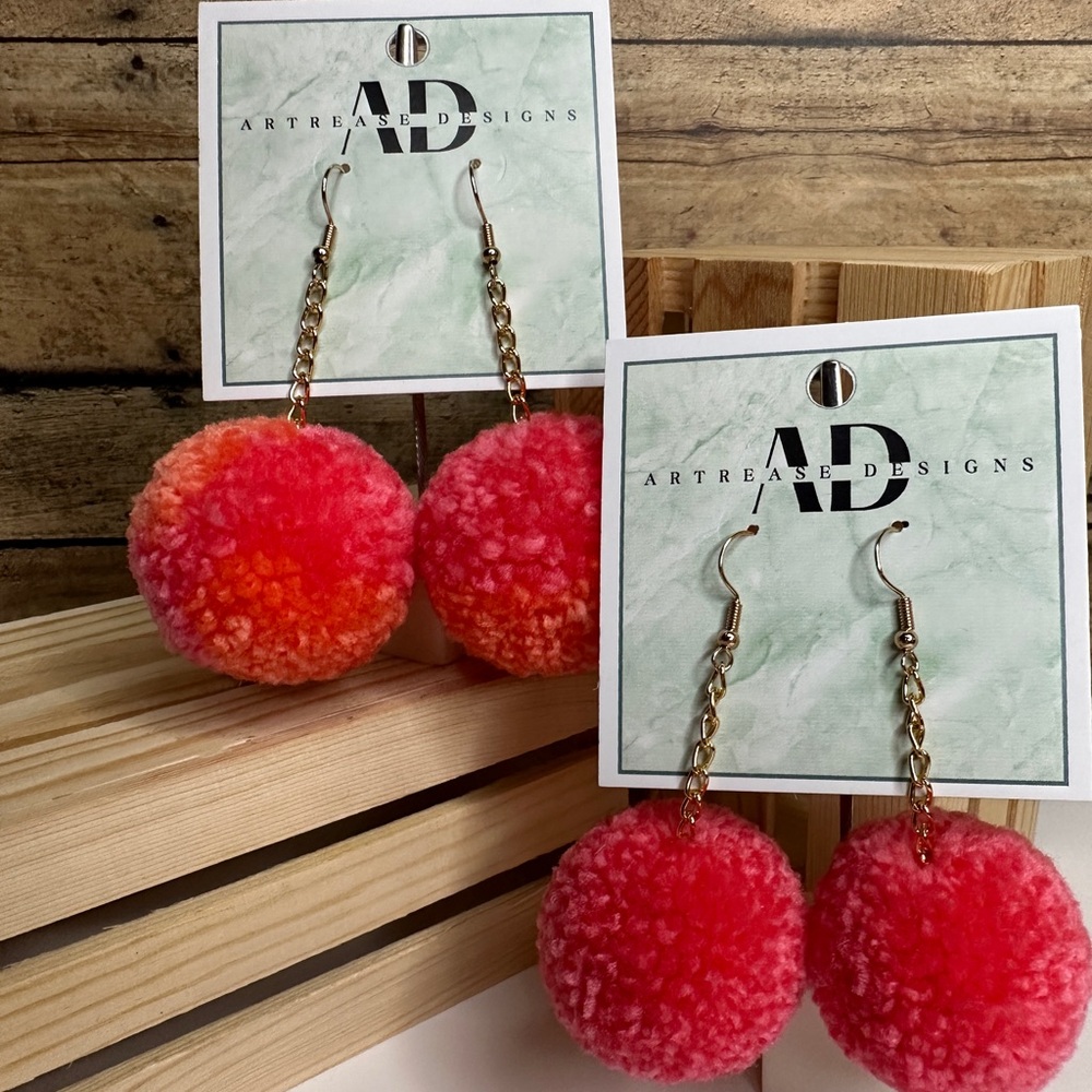 Coral/Pink Pom Pom Earrings